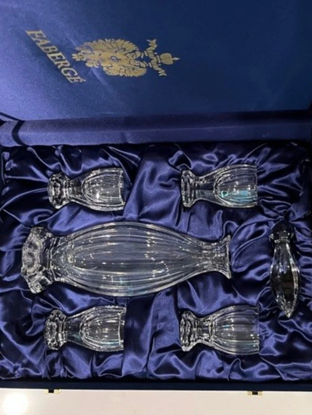 House of Faberge Czarina Crystal‎ Decanter Set 4 Liqueur Shot Glasses Case NIB